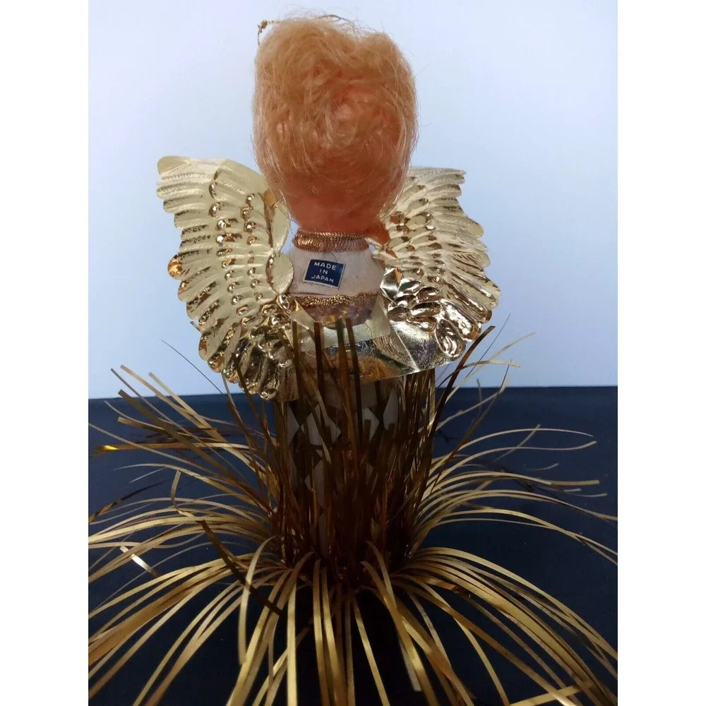 Vintage Angel tree topper Cardboard Gold wings‎ dress and plastic face Halo